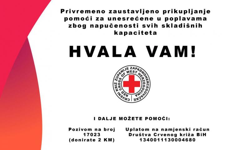 Crveni križ ŽZH privremeno obustavlja prikupljanje humanitarne pomoći zbog punih skladišta