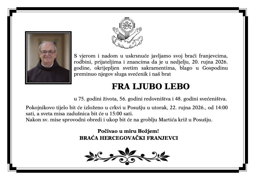 U 75. godini preminuo fra Ljubo Lebo U 75. godini preminuo fra Ljubo Lebo